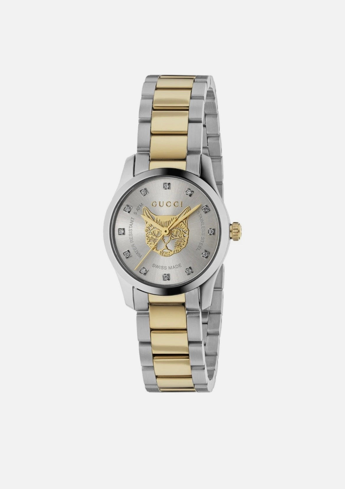 Gucci G-Timeless YA1265016 27 mm Silver Gold Cat Diamond Dial Ladies Watch Swiss