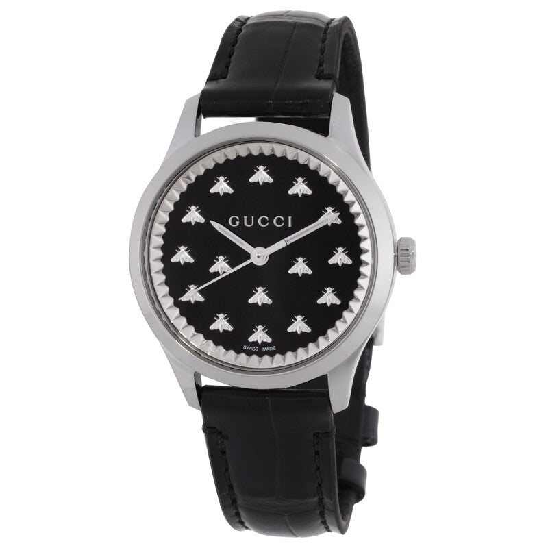 Gucci G-Timeless with Bee Motif Black Onyx Stone Dial Black Leather Strap Watch | 32mm | YA1265055
