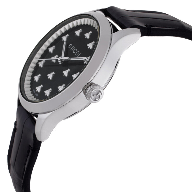 Gucci G-Timeless with Bee Motif Black Onyx Stone Dial Black Leather Strap Watch | 32mm | YA1265055