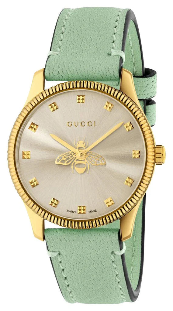 Gucci G-Timeless Yellow Gold PVD Silver Dial Green Leather Strap Quartz Womens Watch YA1265040